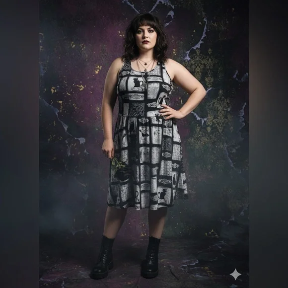 Folter Y2K Goth Cat Print Dress | Alt Girl • Witchy Core • Plus Size 3X - Picture 1 of 6